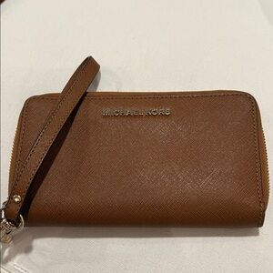 Michael Kors Cognac Saffiano Leather Wristlet Wallet with Gold Logo